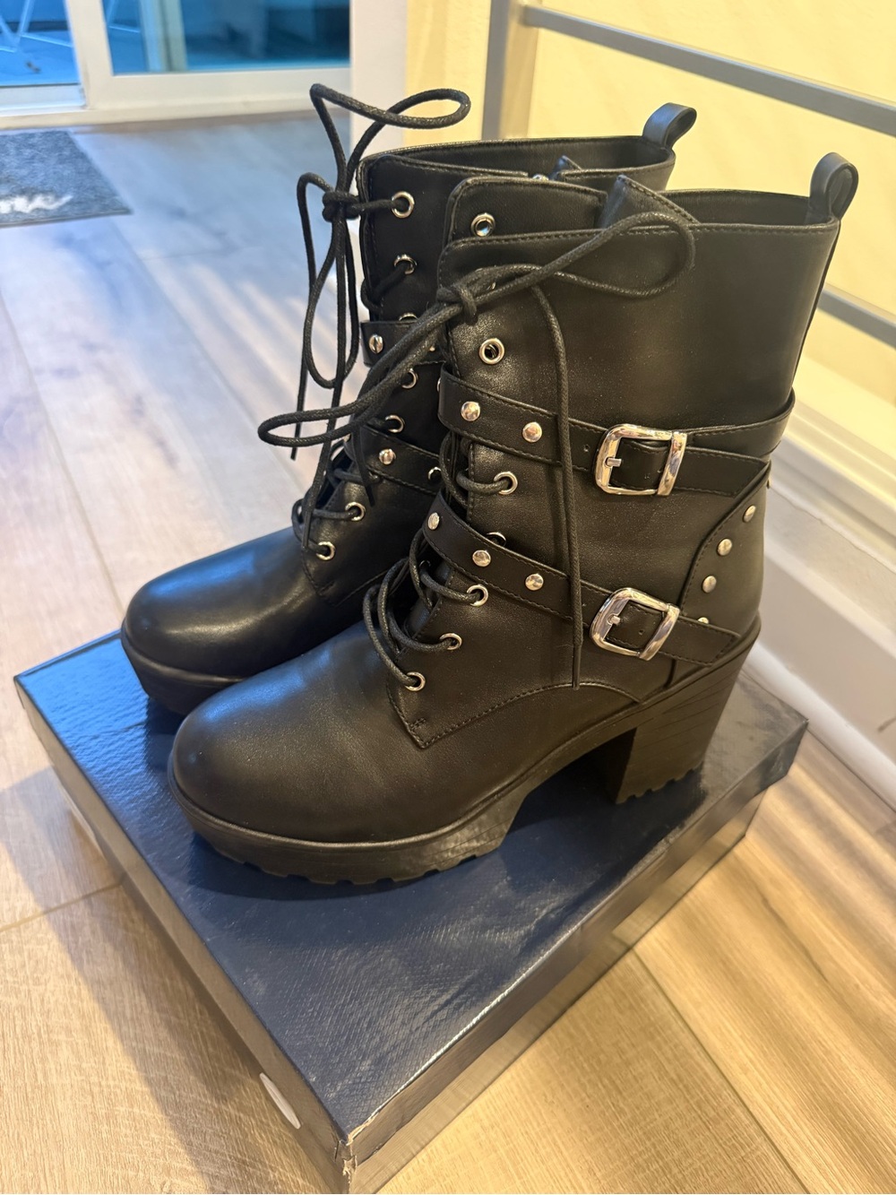 Black Lace-Up Chunky Heel Ankle Boots with Buckle Detail